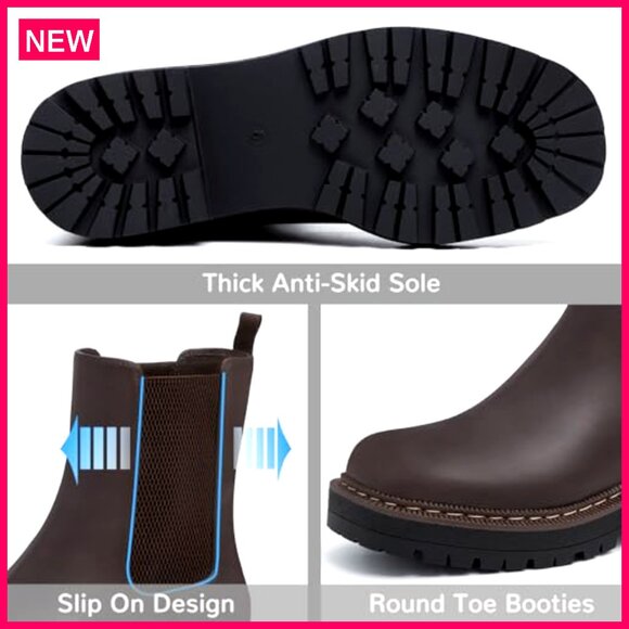 Leather Chelsea Ankle Boots Platform Slip On Chunky Heel Lug Sole - Picture 4 of 8